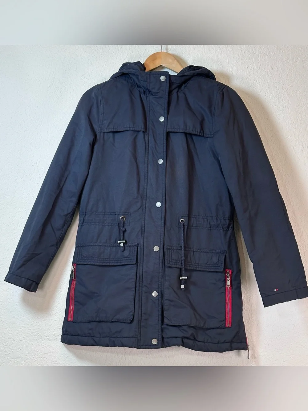 Tommy Hilfiger Navy Hooded Puffer Parka with Red Zip Accents